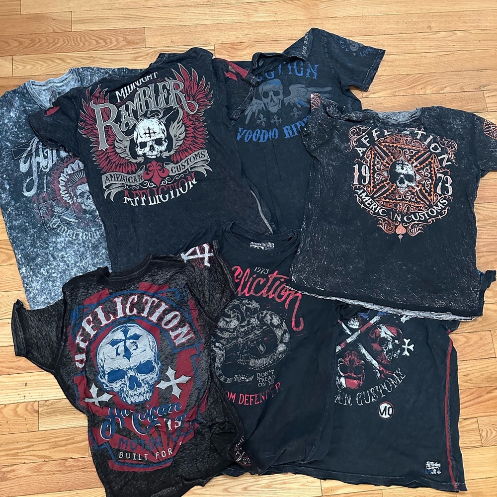 Affliction Short Sleeve Tees Black and Red Skull Graphics